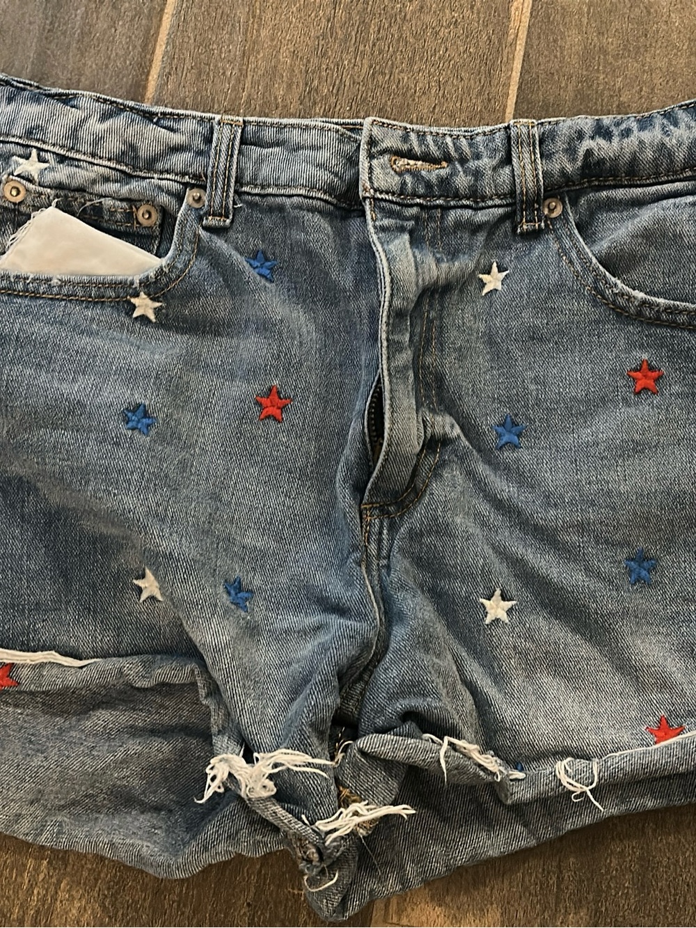 No Boundaries Embroidered Star Denim Jean Shorts - Red Blue White